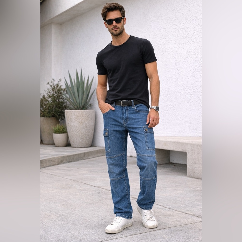 Armani Jeans Men’s Blue Cargo Denim Jeans Utility Pockets Straight Leg [000270]
